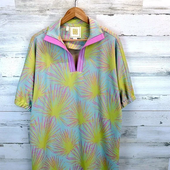 Emily McCarthy Poppy Caftan Midi Dress Palm Print Pink Green Resort Large - Picture 7 of 13